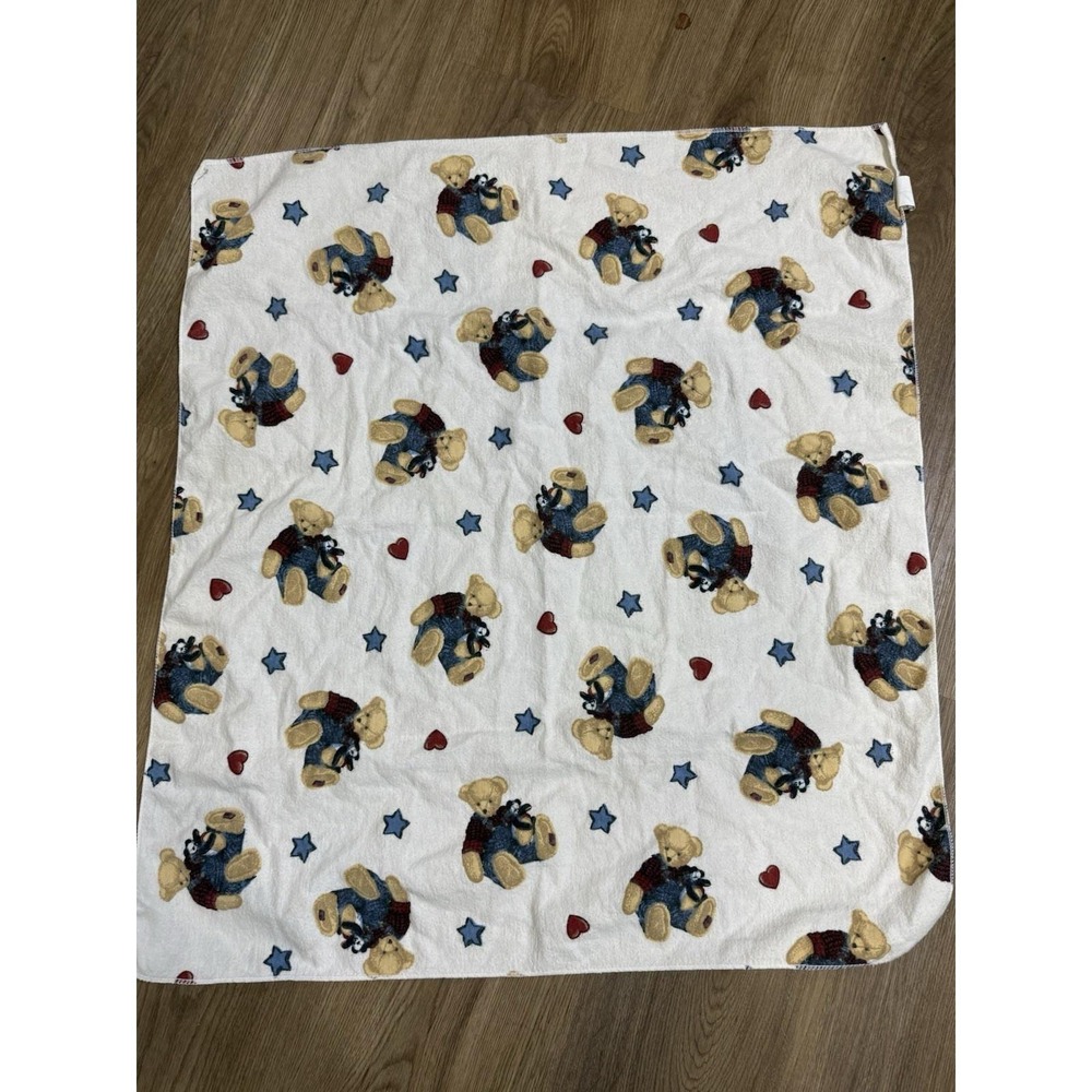 VTG Springmaid Teddy Bear w/ Blue‎ Jean Overalls Stars Receiving Baby Blanket